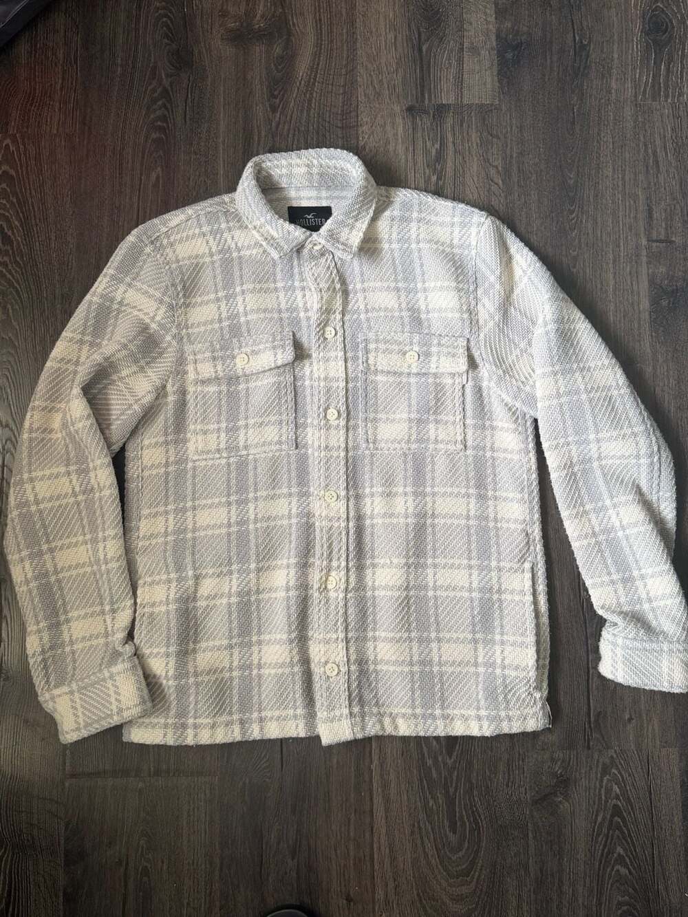 Hollister Plaid Overshirt Jacket Size M Gray White Flannel Shirt Jacket